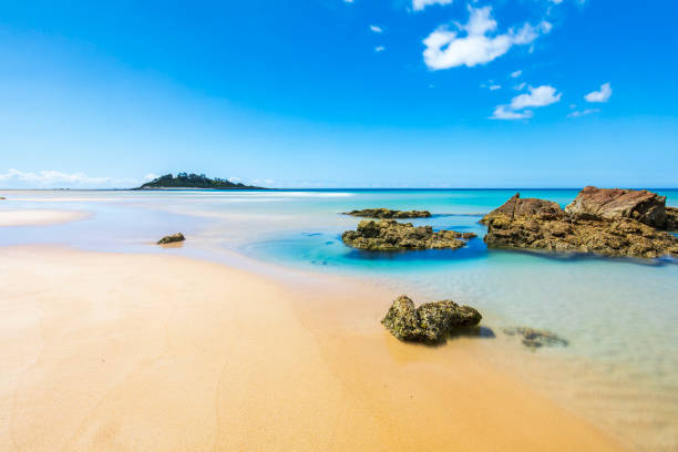 istock Sunny summer seascape at the beach with white sand, blue water and clear sky 1496524967