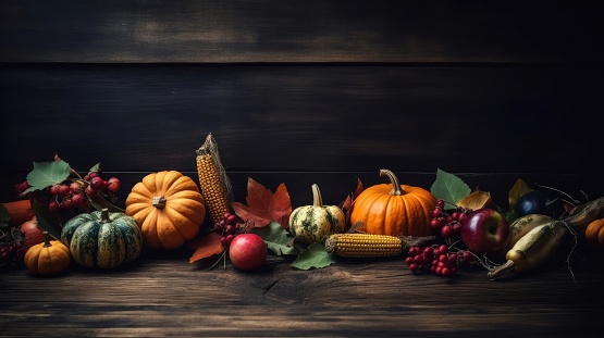 Beautiful Side View of Thanksgiving day banner design of a collection of pumpkins and other vegetables on brown wood table background