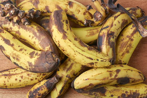 bunch of over ripe or black spotted banana, rotten or spoiled, unappealing and overly brown with bruises on fruit taken straight from above in full frame food background