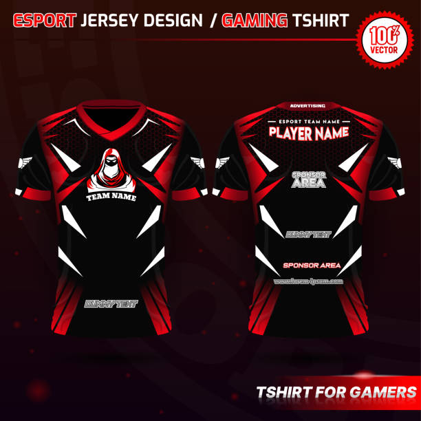 istock Specification Soccer Sport, E-sport Gaming T Shirt Jersey template. Apparel Design or tshirt for gaming. Black and red short sleeve tees. 1496531273