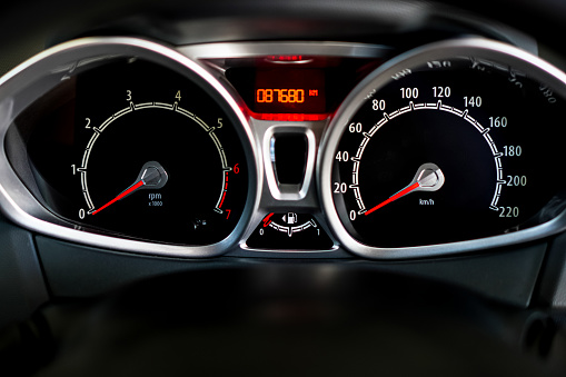 The picture shows the speedometer screen, engine rpm, car fuel gauge and mileage of a city car.
