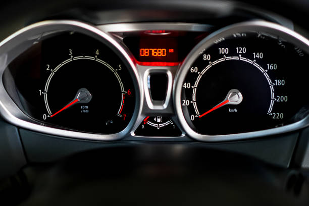 the picture shows the speedometer screen, engine rpm, car fuel gauge and mileage of a city car. - speedometer odometer car rpm imagens e fotografias de stock