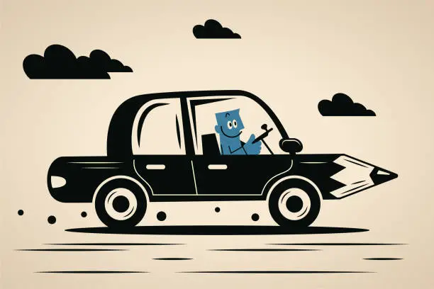 Vector illustration of A smiling blue man driving a car that looks like a pencil, imagination takes you around the world. Spirit of adventure, Breaking boundaries, Fantastical and Imaginary journey