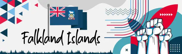 Vector illustration of Falkland Islands national day banner design. Falklandic flag theme graphic art web background. Abstract raised fists hands geometric, red white blue color. Falklands.