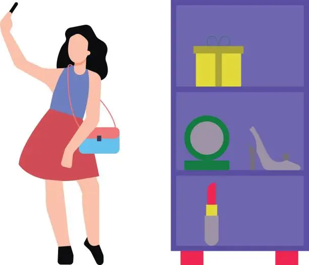 Vector illustration of A girl is taking a selfie in a shopping store.