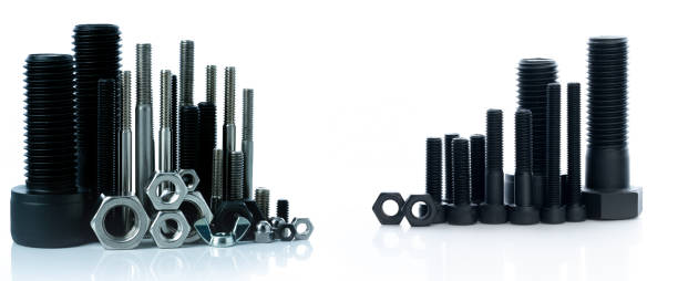 istock Metal bolts and nuts on white background. Fasteners equipment. Hardware tools. Stud bolt, hex nuts, and hex head bolts in workshop. Threaded fastener use in automotive engineering. Hexagonal bolt. 1496535233