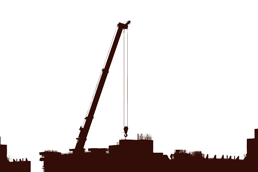 contruction site and and construction worker and crane isolated on white background