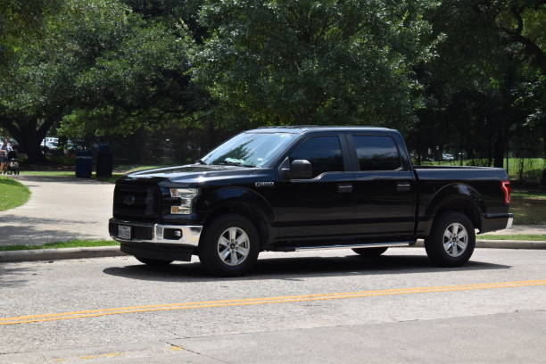 Portrait of a Ford F-150 pick-up truck cruising through Hermann Park in Houston Houston, Texas USA - Hermann Park, Summer 6/06/2023 - Portrait of a Ford F-150 pick-up truck cruising through Hermann Park in Houston ford truck black stock pictures, royalty-free photos & images