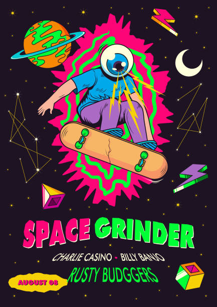 rock poster concert 90's style vintage z okiem skateboarder i space background - britpop stock illustrations