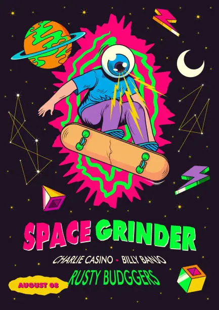 Vector illustration of Rock Poster Concert 90's Style Vintage with Eye Skateboarder and Space Background
