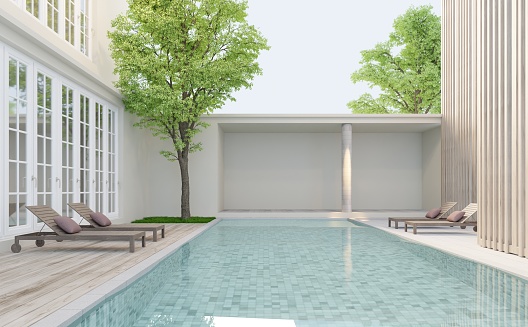 3D outdoor render swimming pool Modern style, white tone, with sun loungers on grooved wood. and there is an open room outside for living.