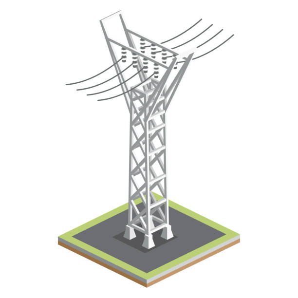 illustrazioni stock, clip art, cartoni animati e icone di tendenza di linea di trasmissione isometrica ad alta tensione. elemento della catena di distribuzione. - isometric power line electricity electricity pylon