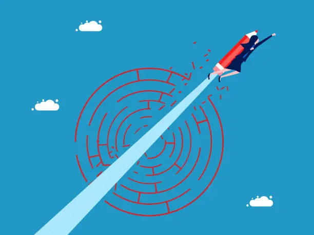Vector illustration of Developing and solving problems to overcome obstacles. A flying businesswoman with a pencil crashes through a mysterious maze