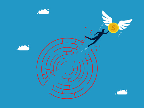 Overcome barriers with capital. man flying with a coin through a maze vector