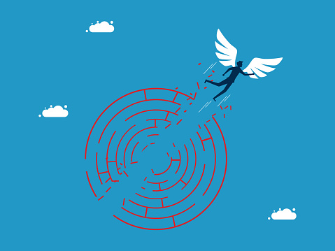 Solve problems and overcome obstacles. man flying with angel wings through puzzle maze vector