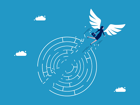 Solve problems and overcome obstacles. Businesswoman flying with angel wings through puzzle maze vector