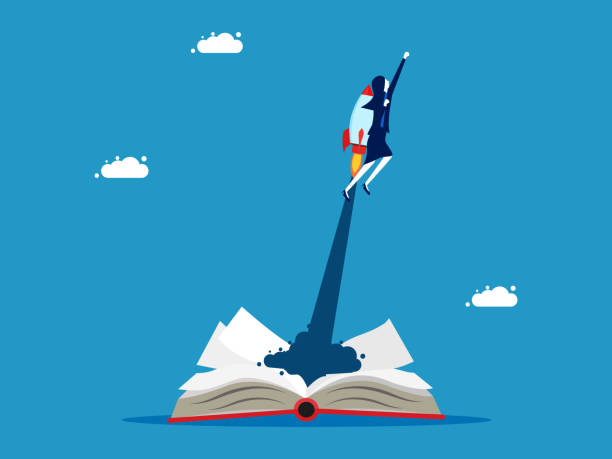 istock Knowledge development of innovative leaders. Businesswoman flying with a rocket flying out of a book 1496544152
