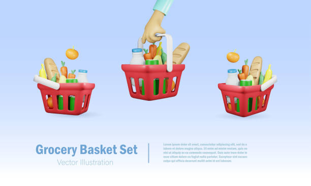 ilustrações de stock, clip art, desenhos animados e ícones de grocery basket set.  shopping basket full of grocery food and drink products. 3d vector. - supermercado 3d