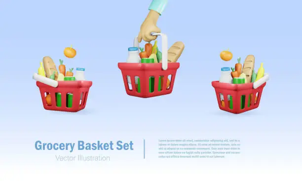 Vector illustration of Grocery basket set.  Shopping basket full of grocery food and drink products. 3D vector.