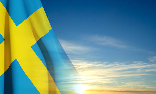 illustrazioni stock, clip art, cartoni animati e icone di tendenza di bandierina della svezia sullo sfondo del cielo. sfondo patriottico - day sky swedish flag banner