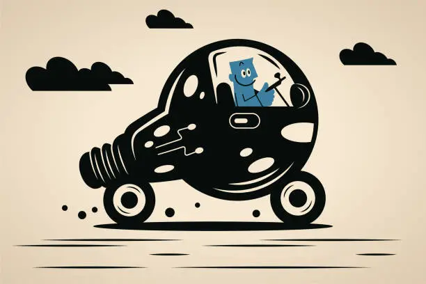 Vector illustration of A smiling blue man driving a car that looks like a light bulb, imagination takes you around the world. Breaking boundaries, Fantastical and Imaginary journeys