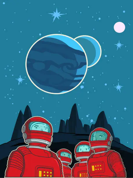 Vector illustration of Retro Multiracial Astronauts in Space Poster Stock Illustration