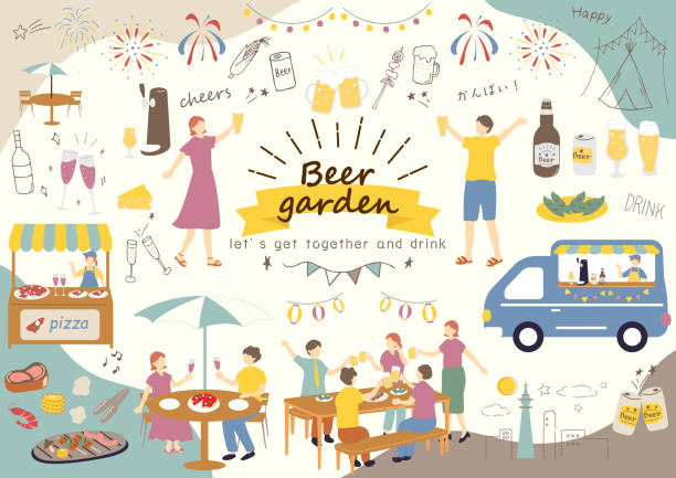 People enjoying a beer garden People enjoying a beer garden beer garden stock illustrations