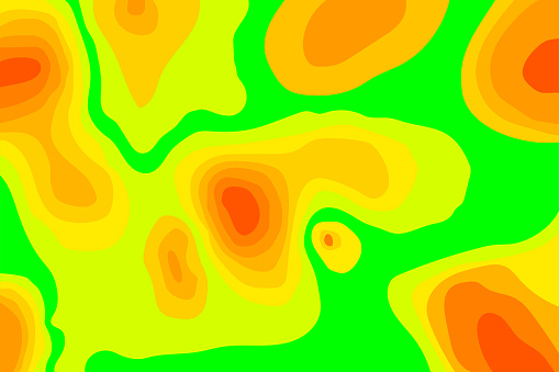 The stylized height of the topographic contour in contours. The concept of a conditional geography scheme and the terrain path. Vector illustration with combination green and orange bright colors