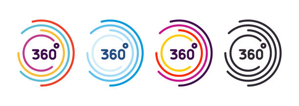 360 degrees. 360º area view, virtual reality related vector graphic element linear stroke icon in 4 color schemes. Modern style with colorful circle lines Vector eps10 pov-camera stock illustrations