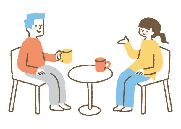Vector illustration of Two men and women talking at a cafe_color