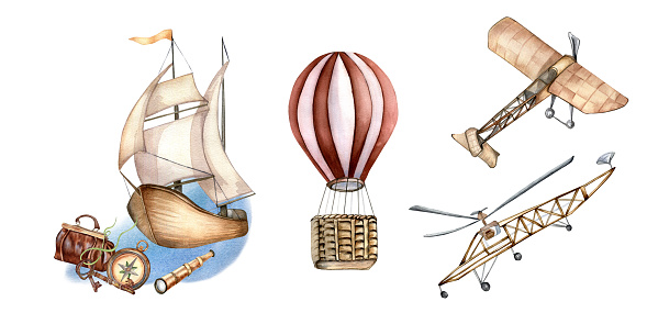 Composition of sailing ship, hot air balloon watercolor illustration isolated on white. Spyglass, airplane, carpet bag, waterscape hand drawn. Childish design, element for boy's room, print, postcard.