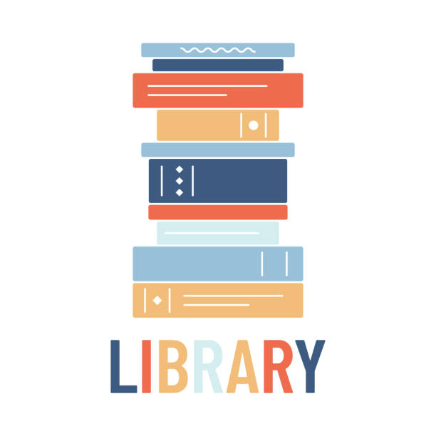 도서관이라는 단어 위에 책이 쌓여 있습니다. 도서관 로고입니다. 많은 교과서와 문학. 학습, 독서. 등뼈 - stacking bookstore reading book stock illustrations