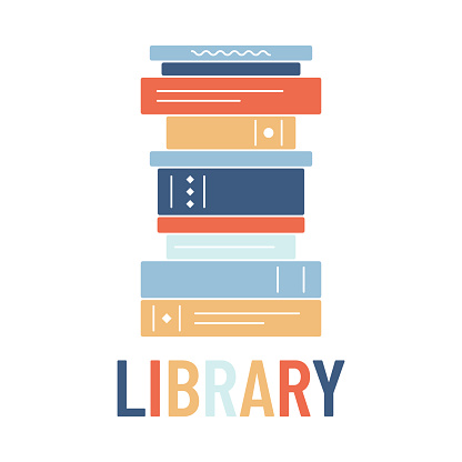 Stack of books over the word Library. Logo for the library. Lots of textbooks and literature. Learning and reading. Children's literature. Book spines. Isolated. Vector illustration.