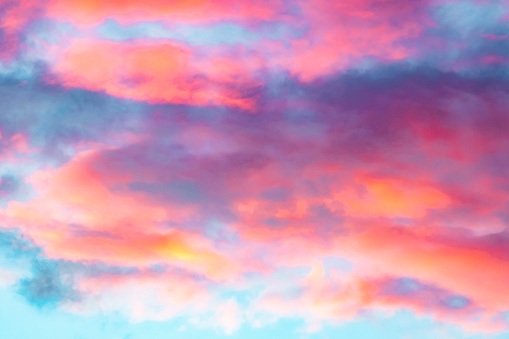 Fluffy pink and crimson clouds.