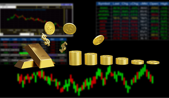 3d rendering illustration of gold bar and coins dollar with blurred financial chart background concept stock market finance investment