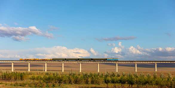 The train crosses the bridge on the prairie at sunset