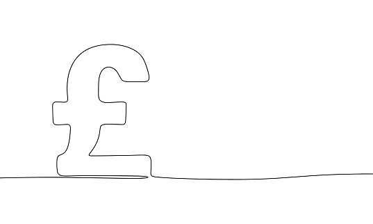British pound. One line continuous British money isolated on white background. Line art, outline, vector illustration.