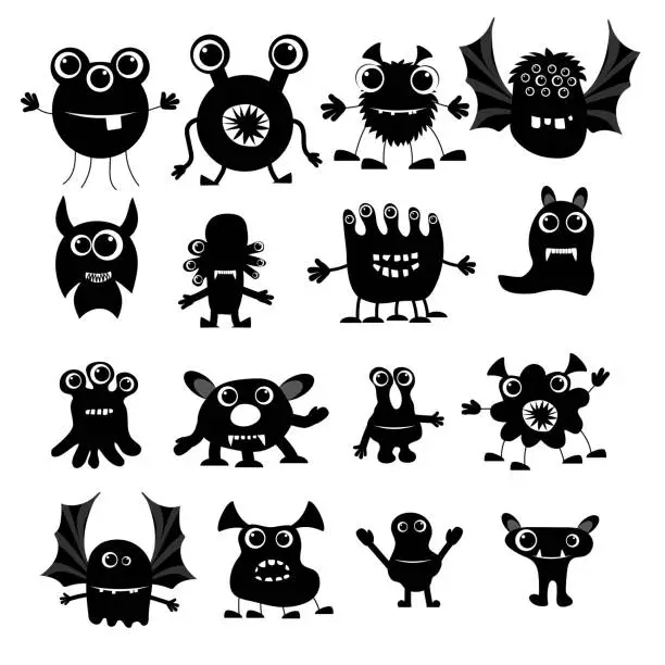 Vector illustration of Collection of cartoon funny Halloween monsters silhouettes