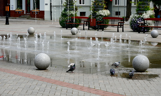 A close up on a public square or park located next to some houses with seagulls or gulls grazing next to a big fountain and some spherical balls used for decoration seen on a sunny summer