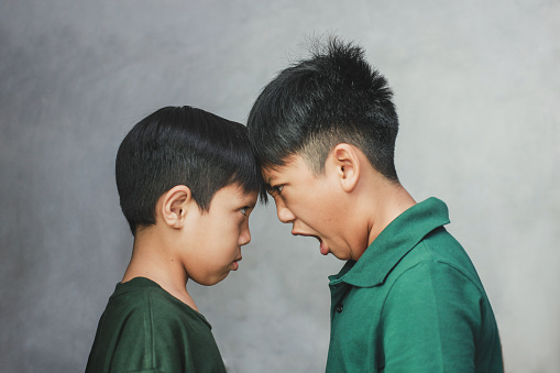 Two young boys screaming and fighting head to head, close-up