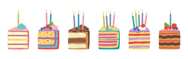 Vector illustration of pieces of cake with candles