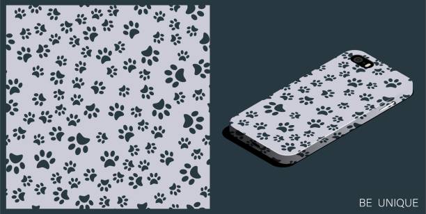 ilustrações de stock, clip art, desenhos animados e ícones de modern smartphone in unique case decorated pads of cat paws seamless pattern. animal paw prints on ground. isometric top view. vector ornament for design of posters and accessory - round toe shoes