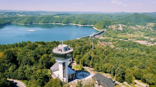 Holidays in Poland - upper cable car station with observation tower at Lake Solina