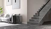 Gray marble floor tile in beige wall living room, luxury living room with gray corner sofa, banana tree, stairway, tempered glass panel, black steel handrail