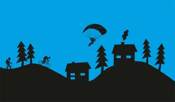 Vector illustration of Mountaing landscape, house, cyclist, tourist and paragliders, black silhouette, eps.