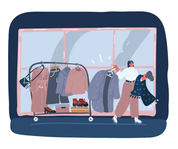 Vector illustration of Cartoon vector illustration of Young woman going shopping. Going try a warm clothes. Coat, hat, scarf. And hanger with things in the back