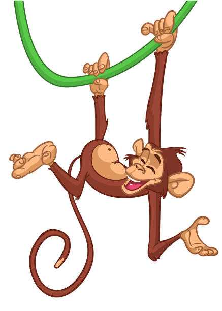 Cute baby monkey hanging on tree branch, swinging and waving with paw. Colored flat vector illustration of smiling and playing animal character isolated on white background Cute baby monkey hanging on tree branch, swinging and waving with paw. Colored flat vector illustration of smiling and playing animal character isolated on white background. clip art of a monkey holding banana stock illustrations