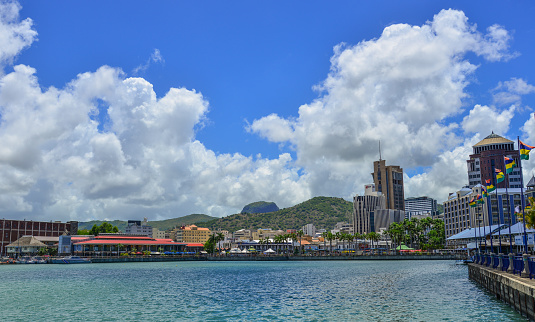 Port Louis, Mauritius - Jan 4, 2017. Caudan Waterfront of Port Louis, Mauritius. Port Louis is the country economic, cultural and political centre.