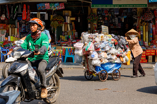 Hanoi, Bac Bo, Vietnam - November 25, 2019:A  mobile market in the streets of Hanoi