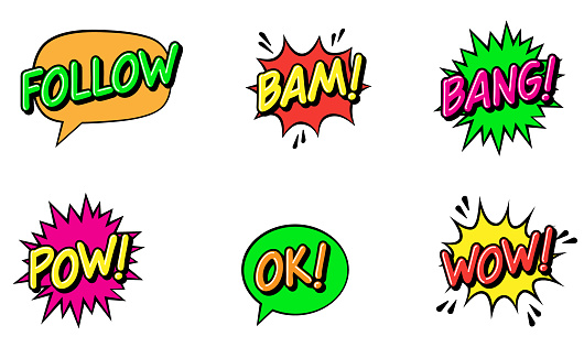 Expression Text FOLLOW, BAM, BANG, POW, OK, WOW, LIKE, CRASH, HELLO, YEAH, FREE, SUPER. Cartoon Speech Bubble. Comic Retro Dialog. Surprise or Explosion Symbol. Social Media Followers.